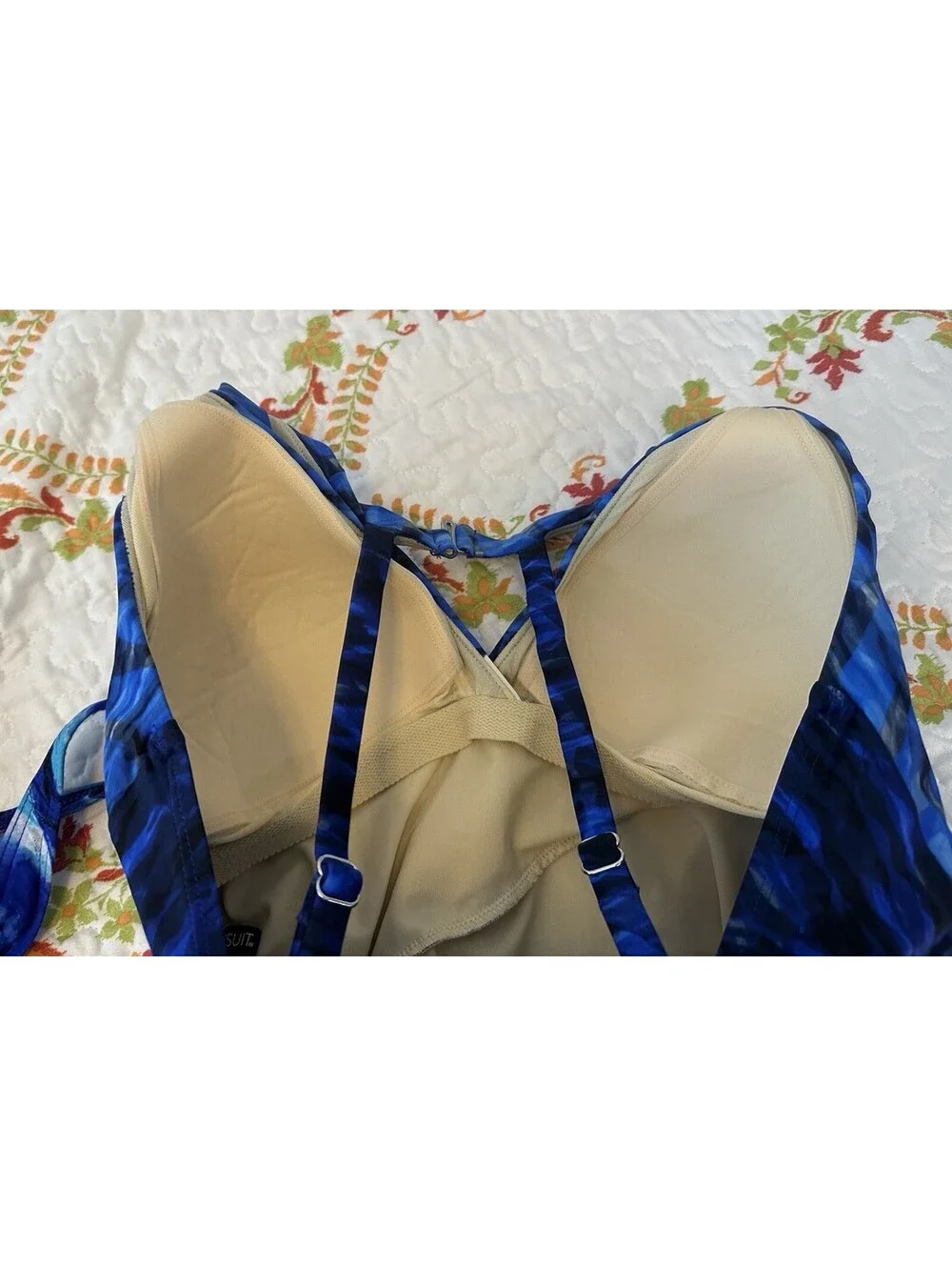 Miraclesuit Slimming One Piece Swimsuit Blue Print Cross Front Haltered Size 14.